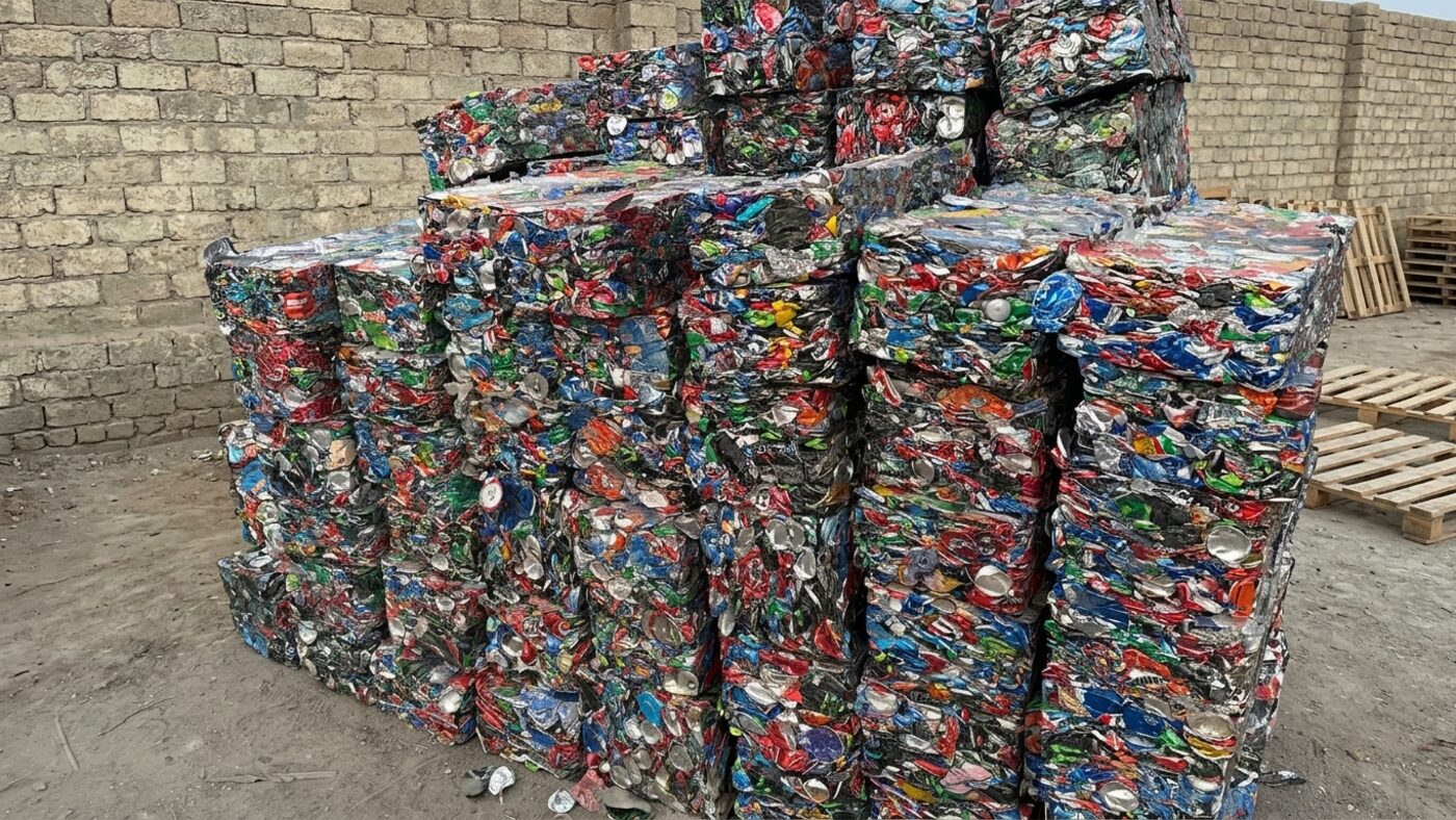 Baled aluminium cans stacked and segregated in the yard