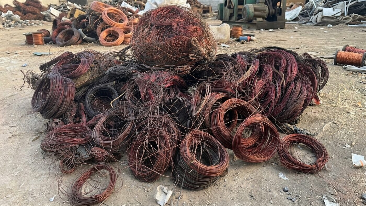 Coils of scrap copper wiring and cable at the recycling unit