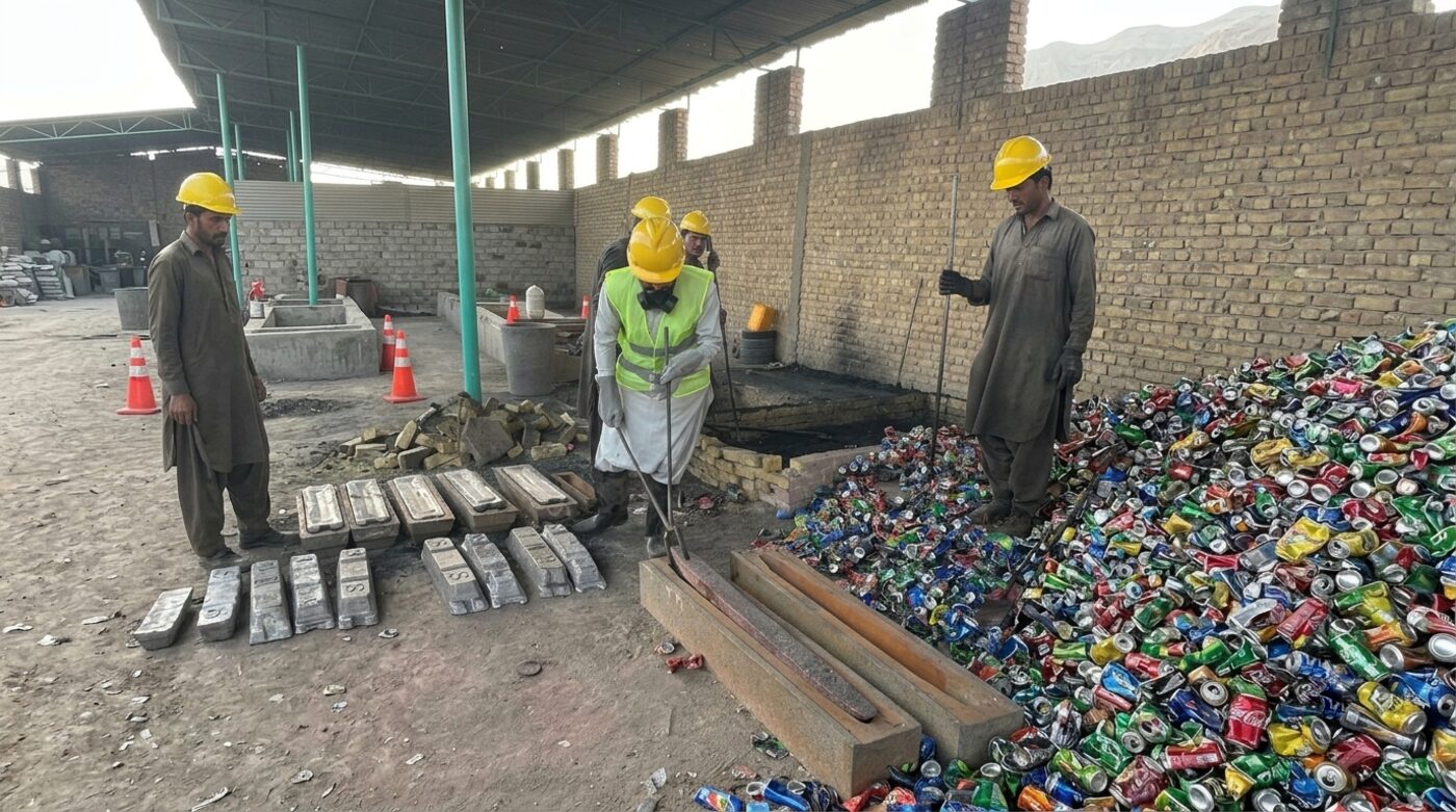 Workers in protective gear at the processing area